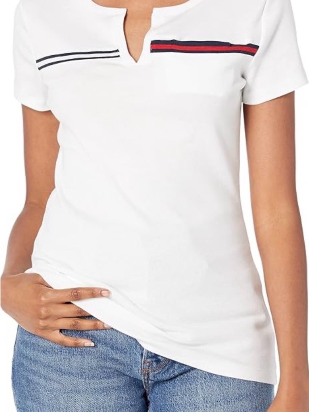 Tommy Hilfiger White Short-Sleeve Tee with Navy & Red Chest Stripes